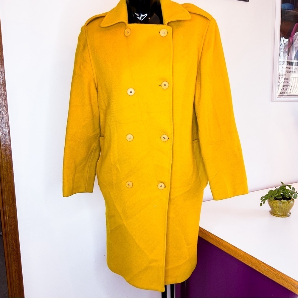 VINTAGE Canary Yellow Wool Coat | 1960s Mod Double-Breasted Jacket Size 8/38